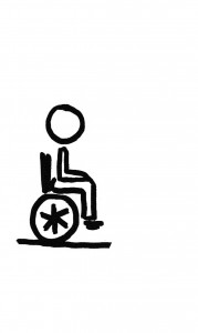 Un personnage en fauteuil roulant. Il souffre d'une déficience physique (permanente ou temporaire) à laquelle il pallie par le truchement d'un fauteuil roulant.