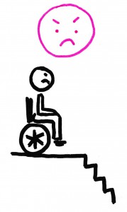 Un personnage en fauteuil roulant en haut d'un escalier. Il est en situation de handicap.