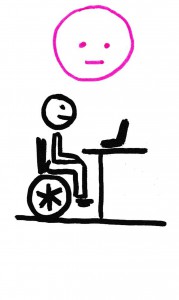 Un personnage en fauteuil roulant face à sa table de travail. Il n'est pas en situation de handicap.