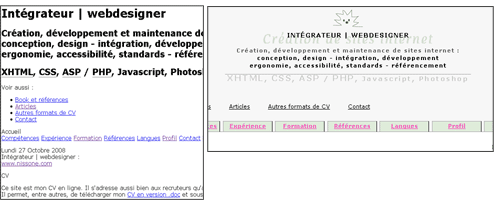 A gauche, le contenu uniquement (HTML) – à droite, le même contenu mais avec la couche de mise en forme (CSS). 