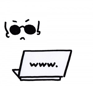 Un personnage aveugle face à un écran d'ordinateur. Il ne peut pas consulter le contenu.