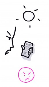 Un personnage consulte son mobile en plein soleil. Le manque de contraste des textes sur l'écran ne lui permet pas de lire.